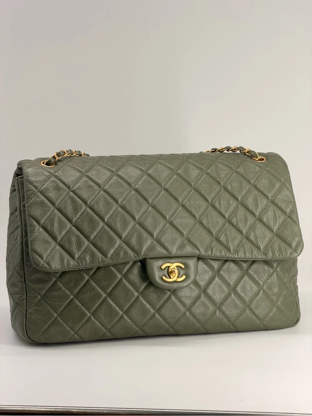 Chanel XXL Travel Classic Flap Bag Khaki Grained Calfskin Leather